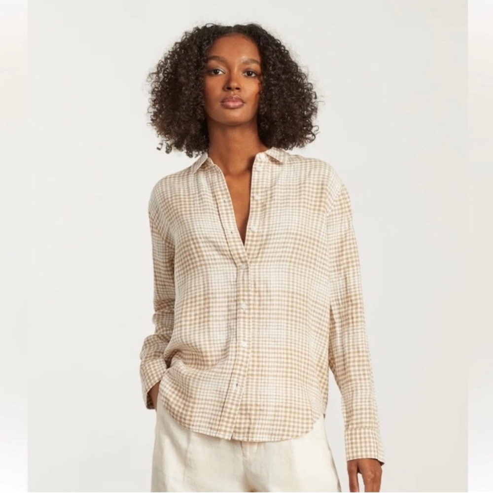 Everlane 100% Linen Button Down Women’s Top Long Sleeve Plaid Tan Beige 4 Casual